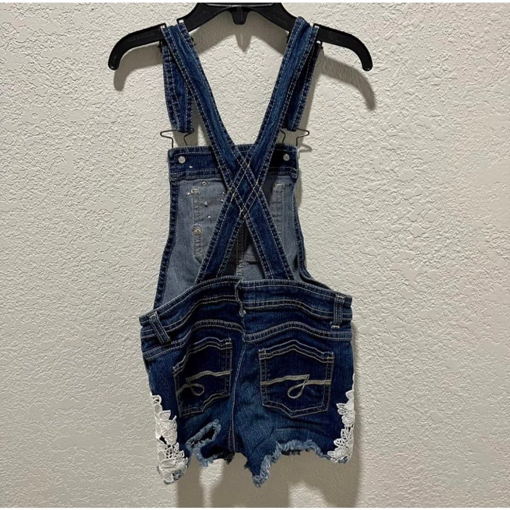 Jordache Dark Enzyme Wash Floral Crochet Denim Shortall Overall Shorts - Picture 7 of 10